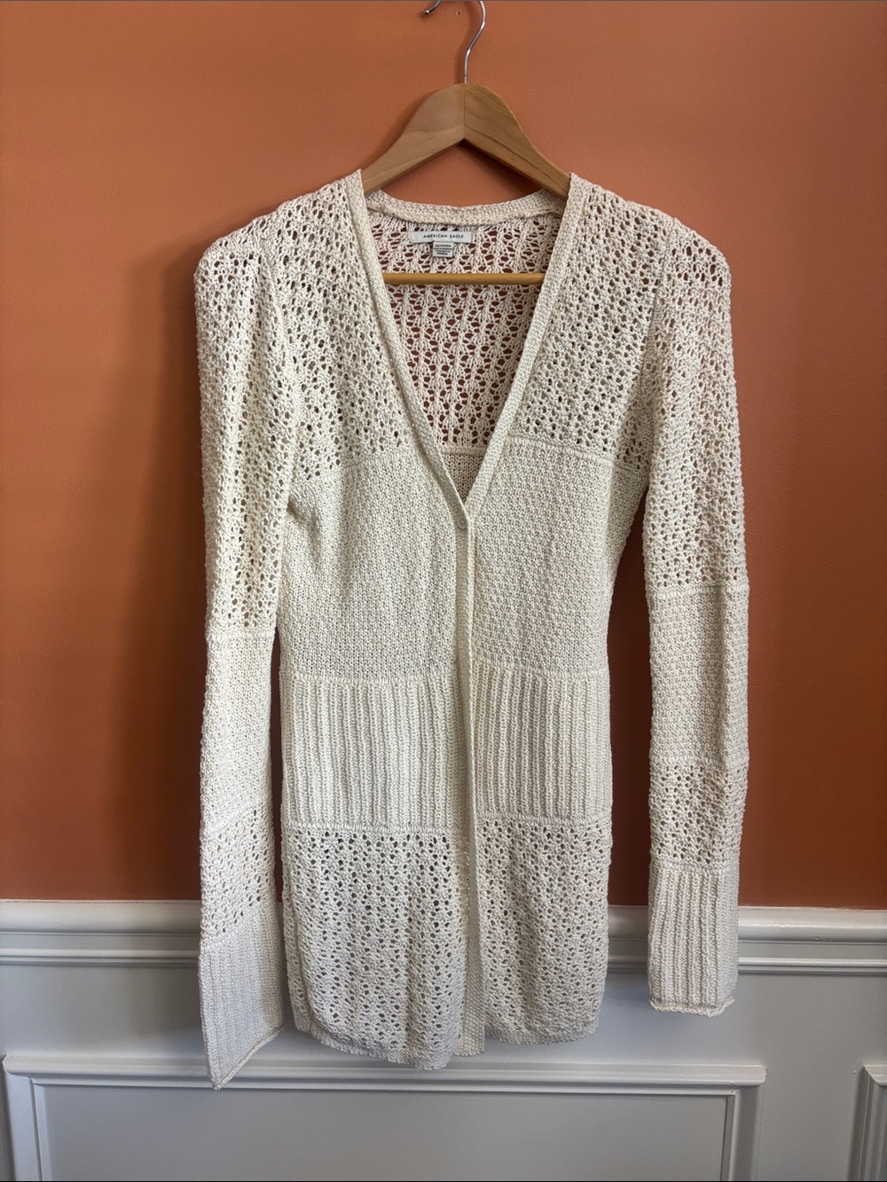 American Eagle Outfitters Cream Open Weave V-Neck Cardigan